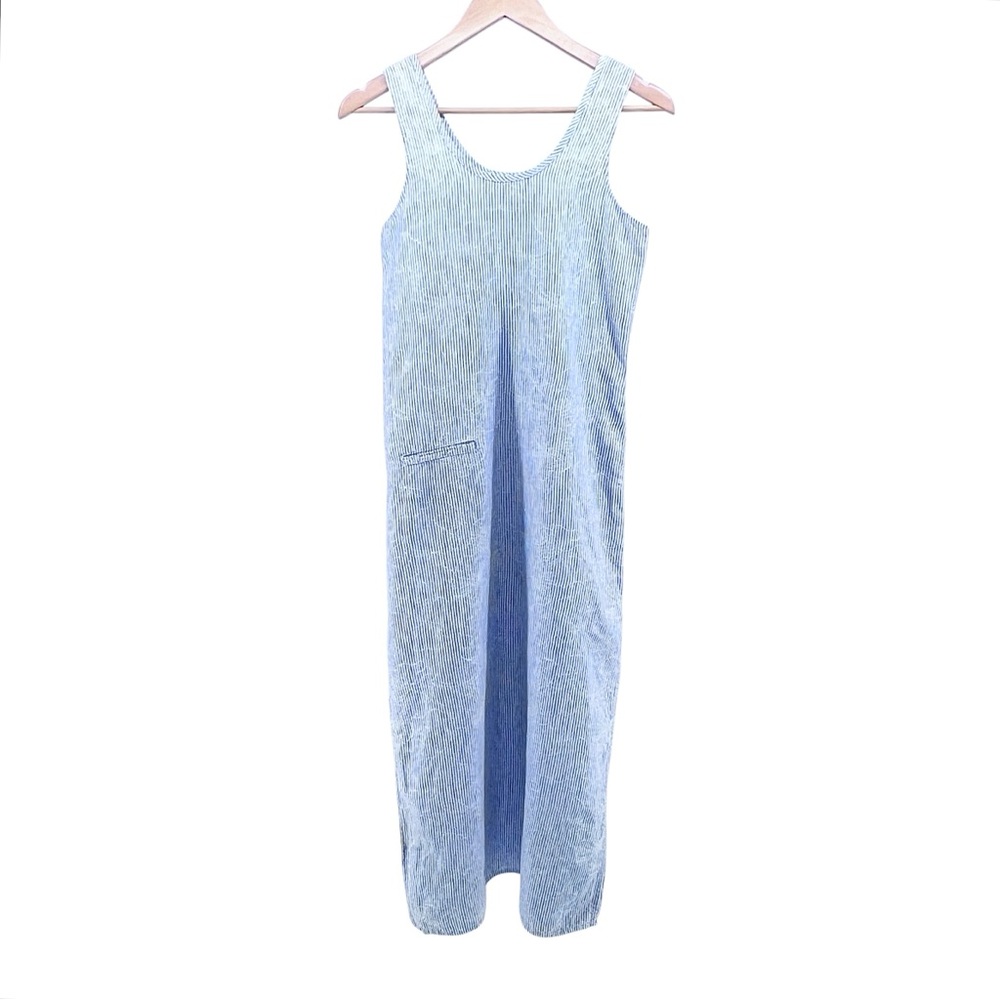 FLAX Slipster Linen Embroidered Maxi Dress Petite Side Slits Blue White Stripe